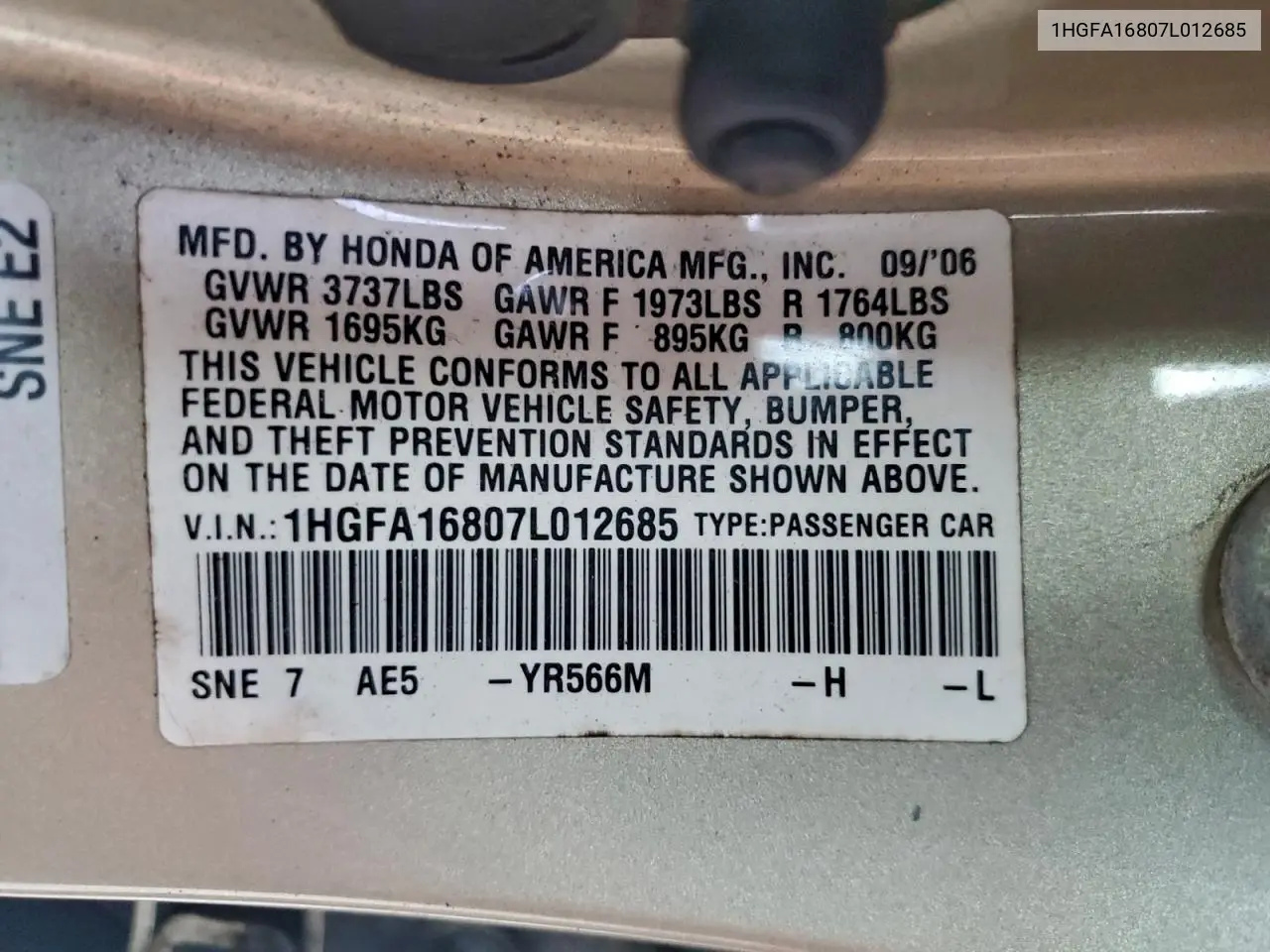 1HGFA16807L012685 2007 Honda Civic Ex