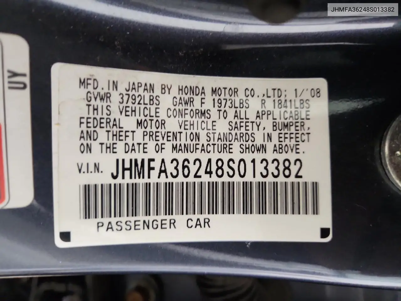 JHMFA36248S013382 2008 Honda Civic Hybrid