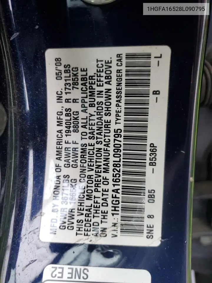 1HGFA16528L090795 2008 Honda Civic Lx