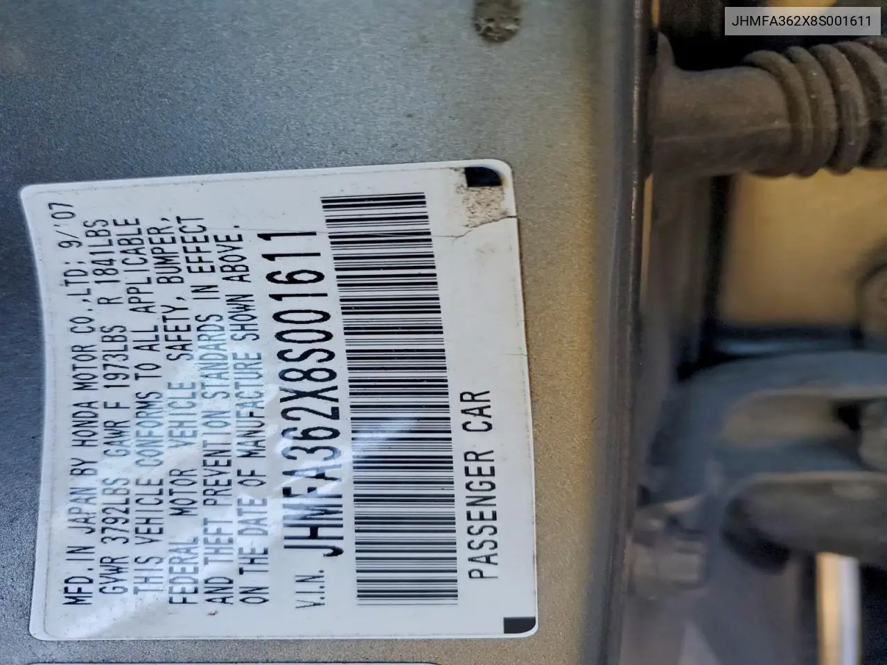 JHMFA362X8S001611 2008 Honda Civic Hybrid
