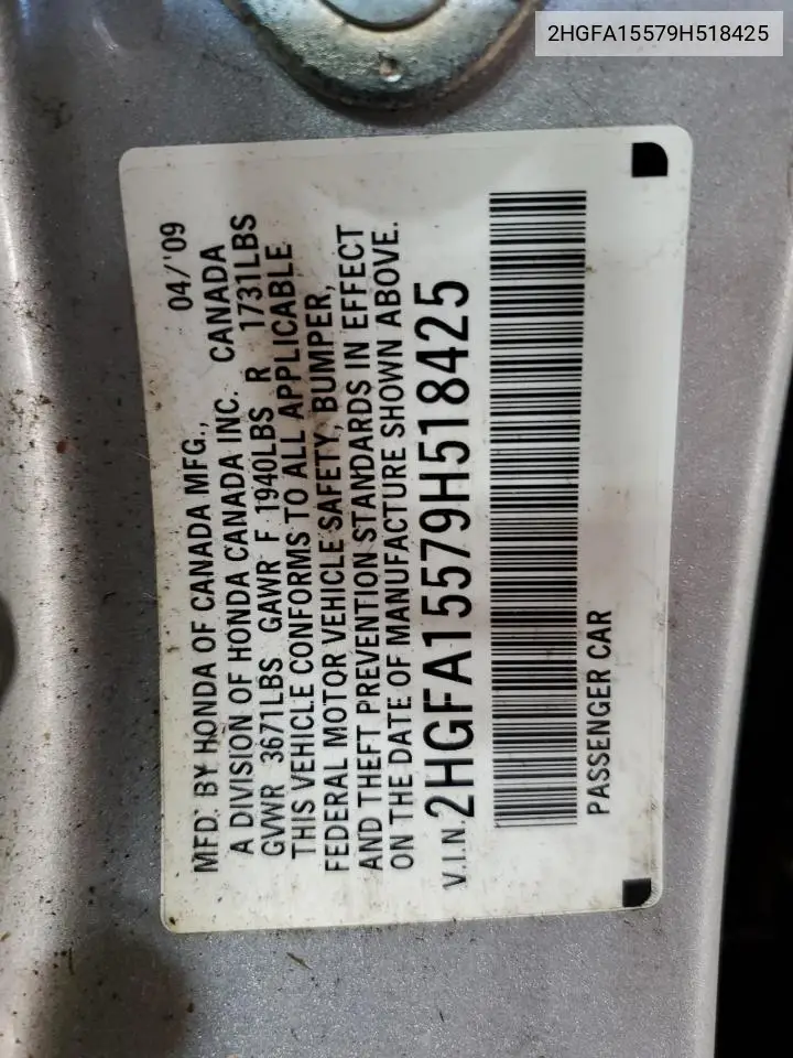 2HGFA15579H518425 2009 Honda Civic Lx