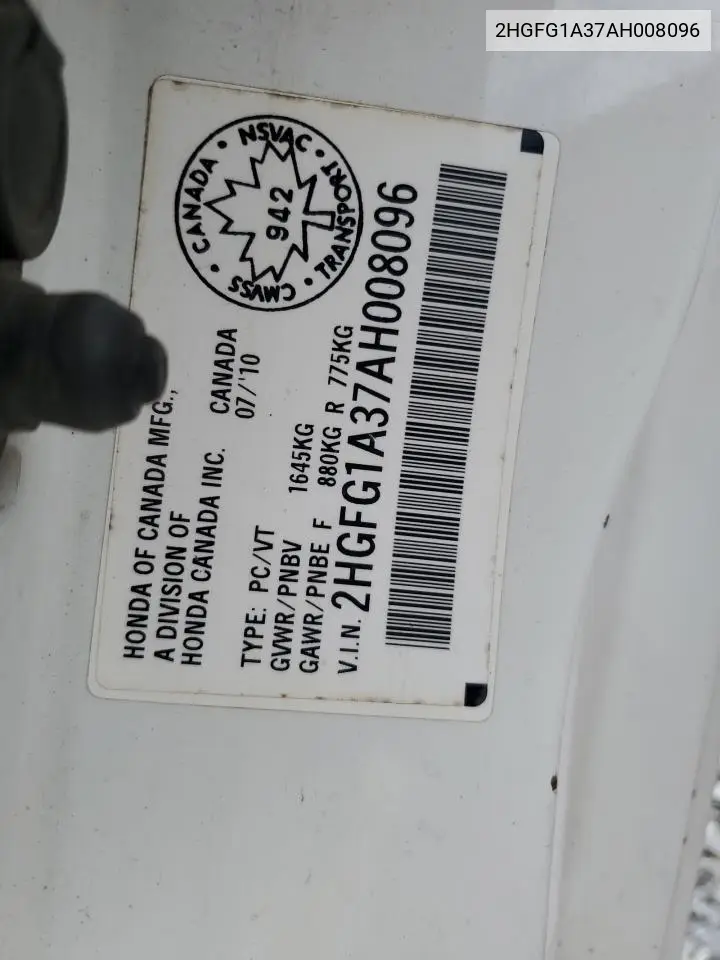 2HGFG1A37AH008096 2010 Honda Civic Dx-G