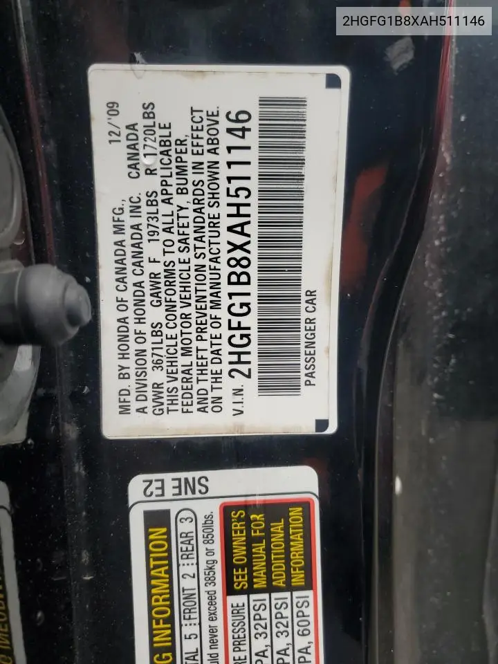 2HGFG1B8XAH511146 2010 Honda Civic Ex