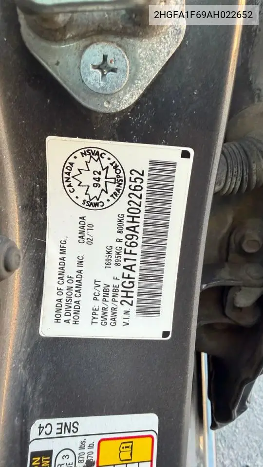 2HGFA1F69AH022652 2010 Honda Civic Lx-S