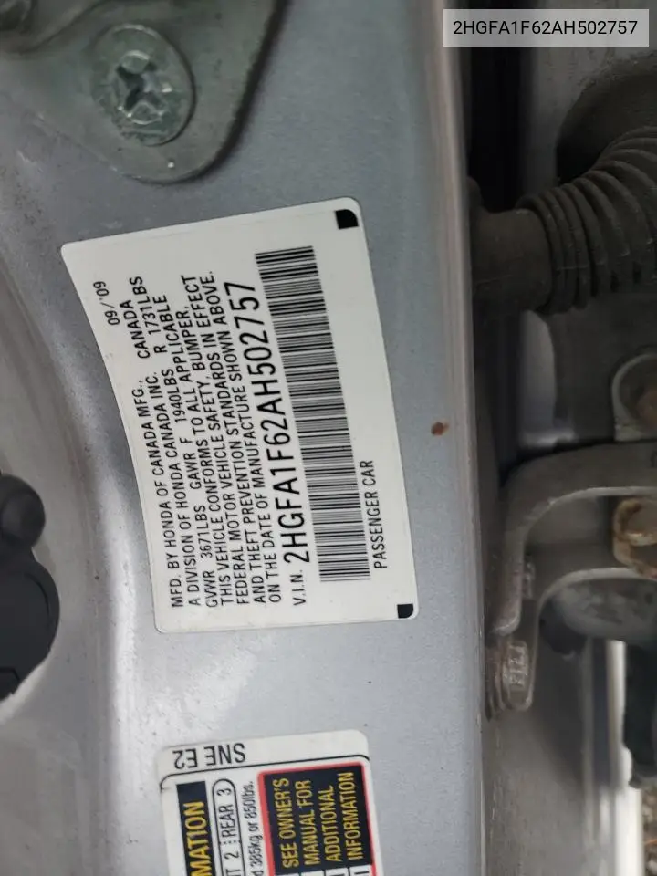 2HGFA1F62AH502757 2010 Honda Civic Lx-S
