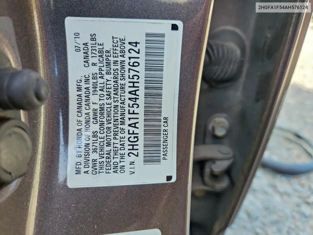 2HGFA1F54AH576124 2010 Honda Civic Lx