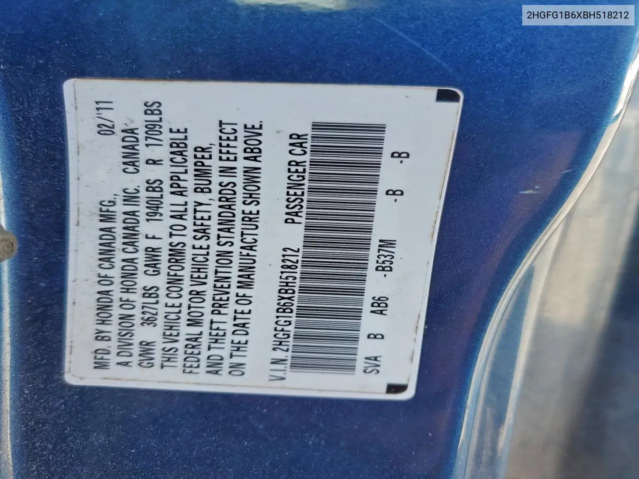 2HGFG1B6XBH518212 2011 Honda Civic Lx