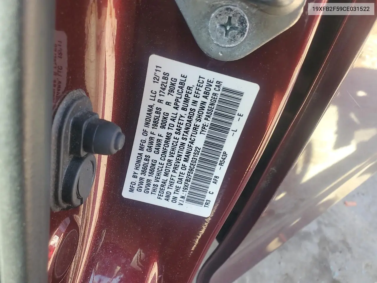 19XFB2F59CE031522 2012 Honda Civic Lx