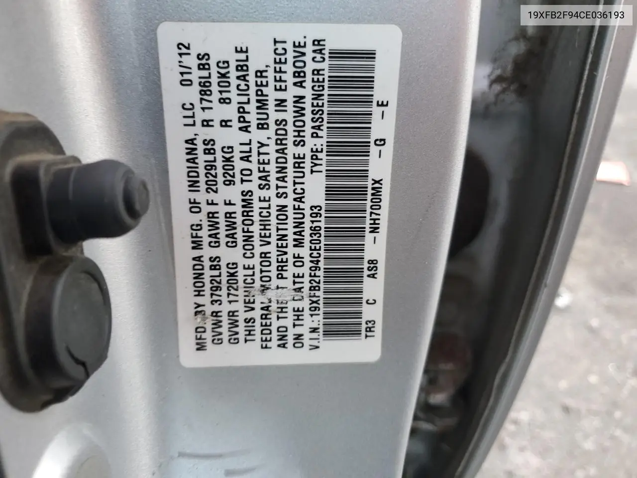 19XFB2F94CE036193 2012 Honda Civic Exl
