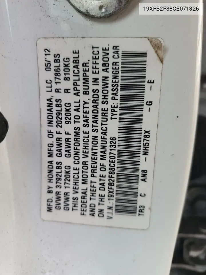 19XFB2F88CE071326 2012 Honda Civic Ex
