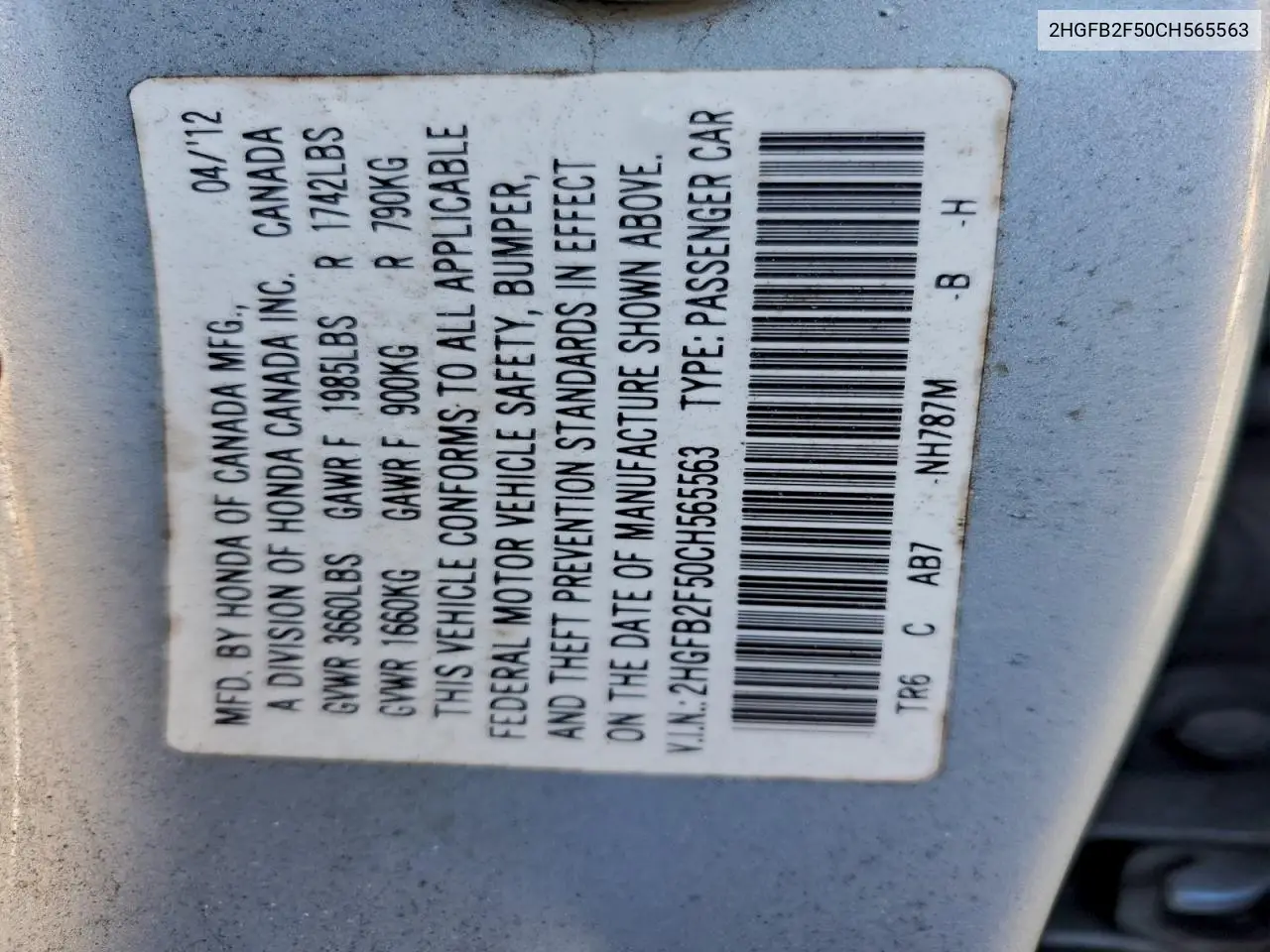2HGFB2F50CH565563 2012 Honda Civic Lx
