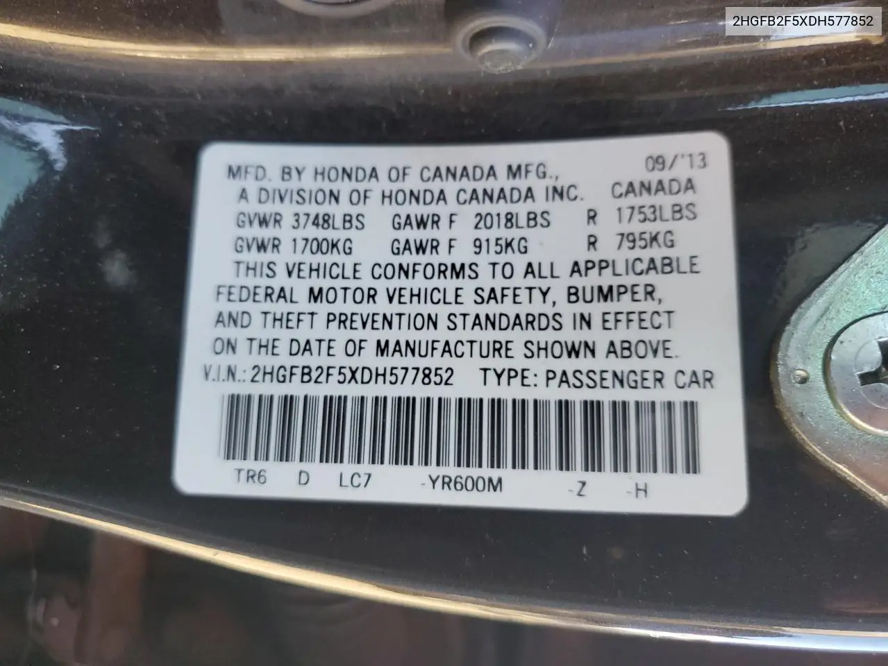 2HGFB2F5XDH577852 2013 Honda Civic Lx