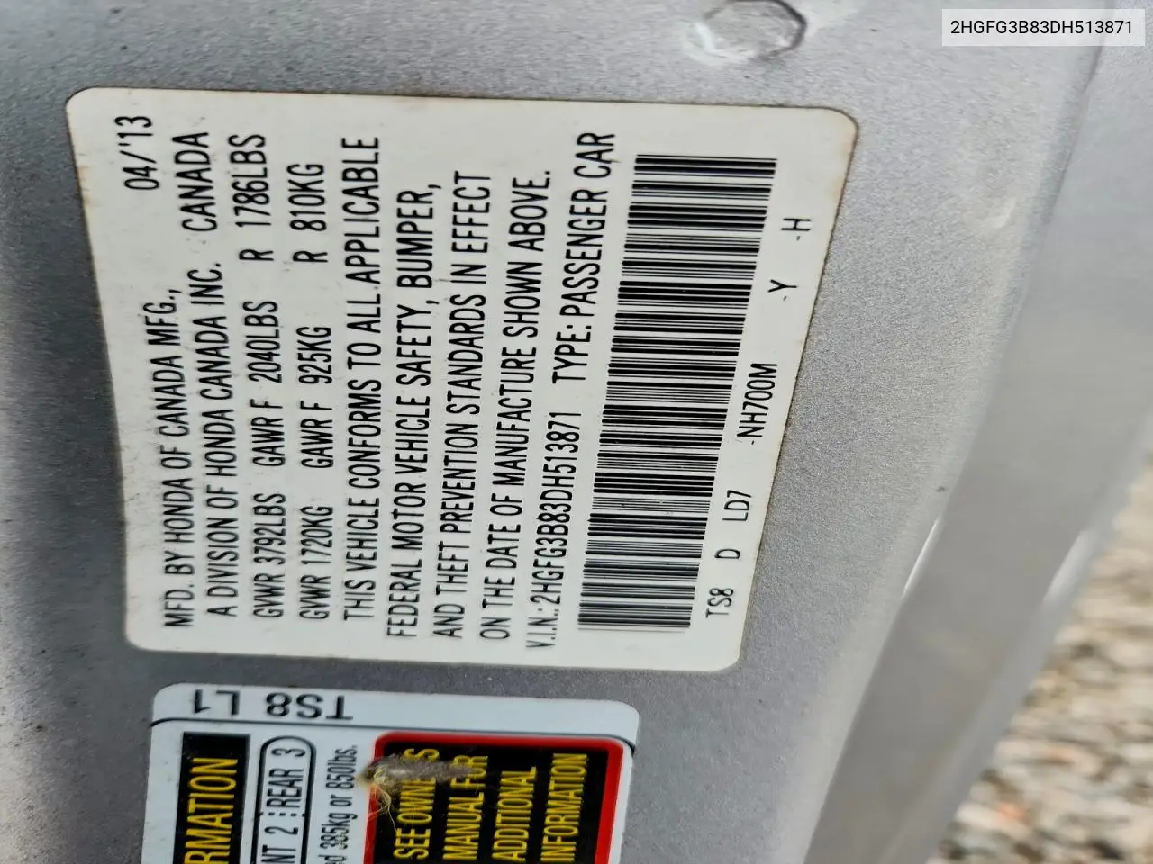 2HGFG3B83DH513871 2013 Honda Civic Ex