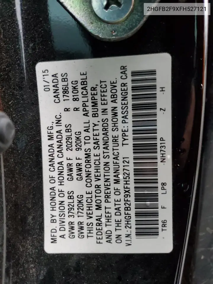 2HGFB2F9XFH527121 2015 Honda Civic Exl