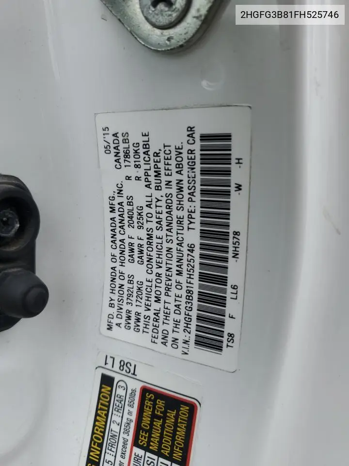 2HGFG3B81FH525746 2015 Honda Civic Ex