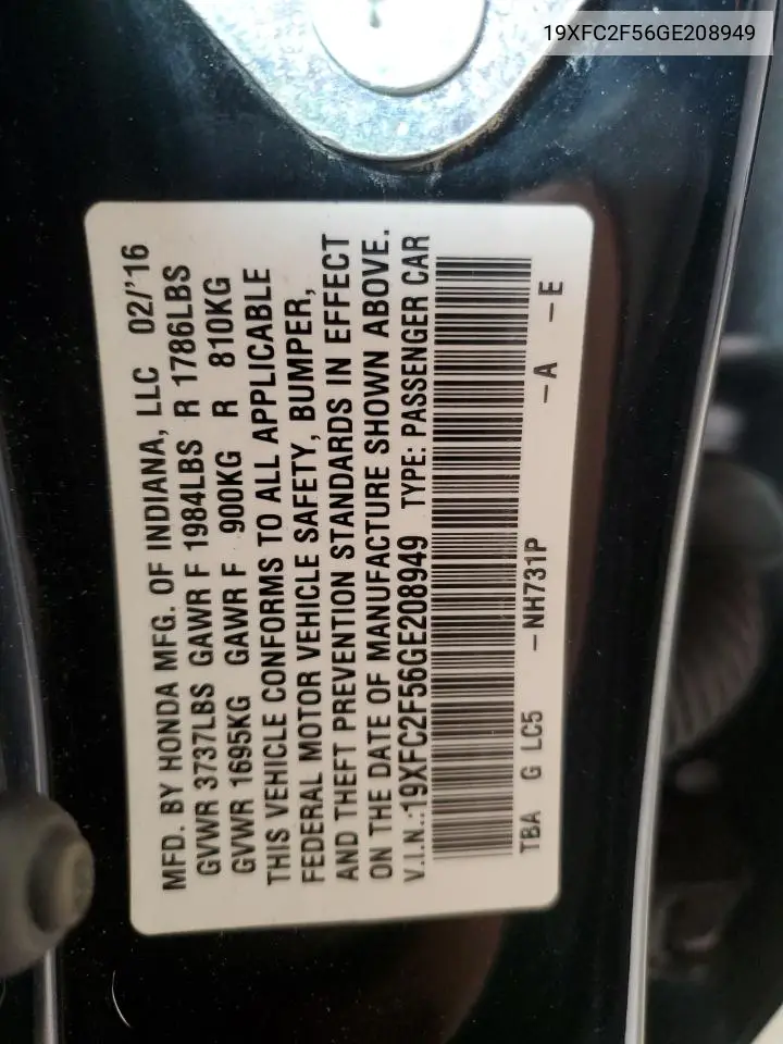 19XFC2F56GE208949 2016 Honda Civic Lx
