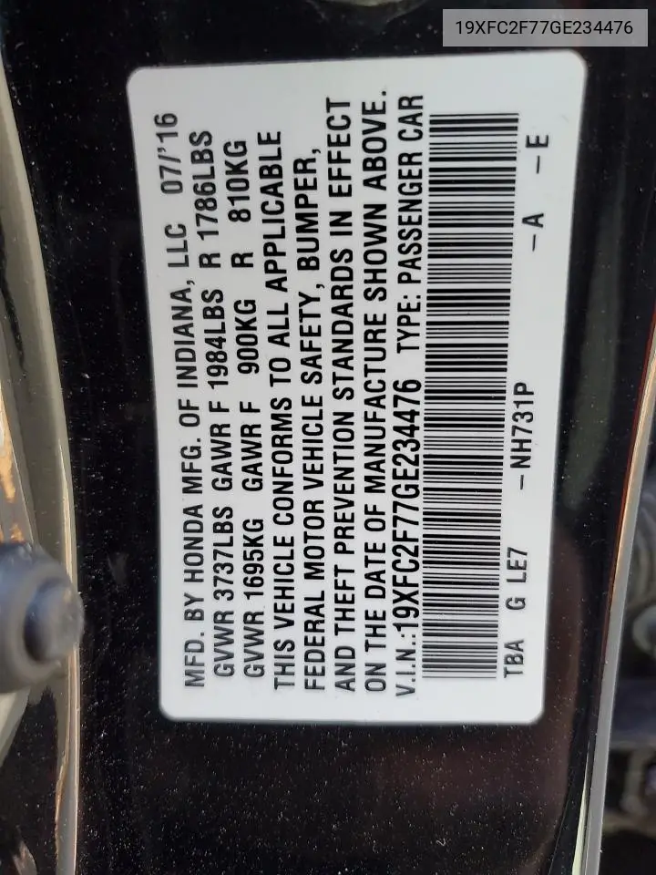 19XFC2F77GE234476 2016 Honda Civic Ex