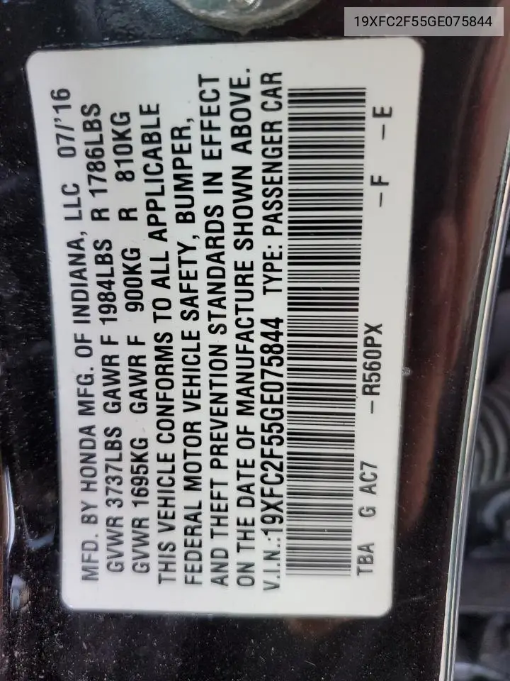 19XFC2F55GE075844 2016 Honda Civic Lx