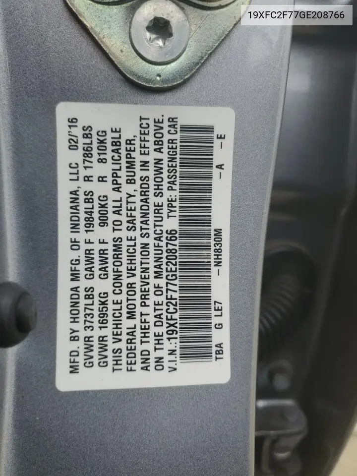 19XFC2F77GE208766 2016 Honda Civic Ex
