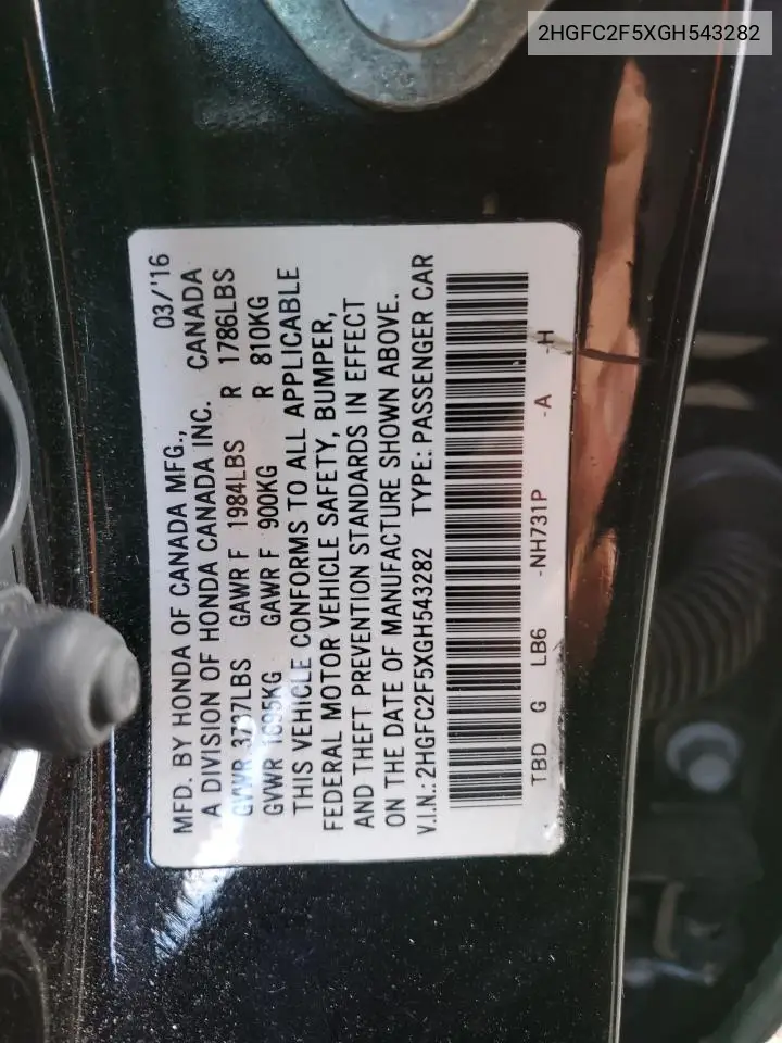 2HGFC2F5XGH543282 2016 Honda Civic Lx