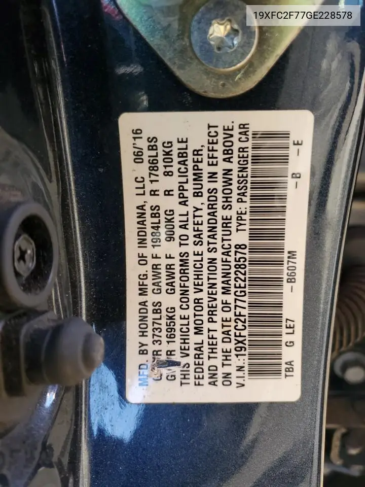 19XFC2F77GE228578 2016 Honda Civic Ex