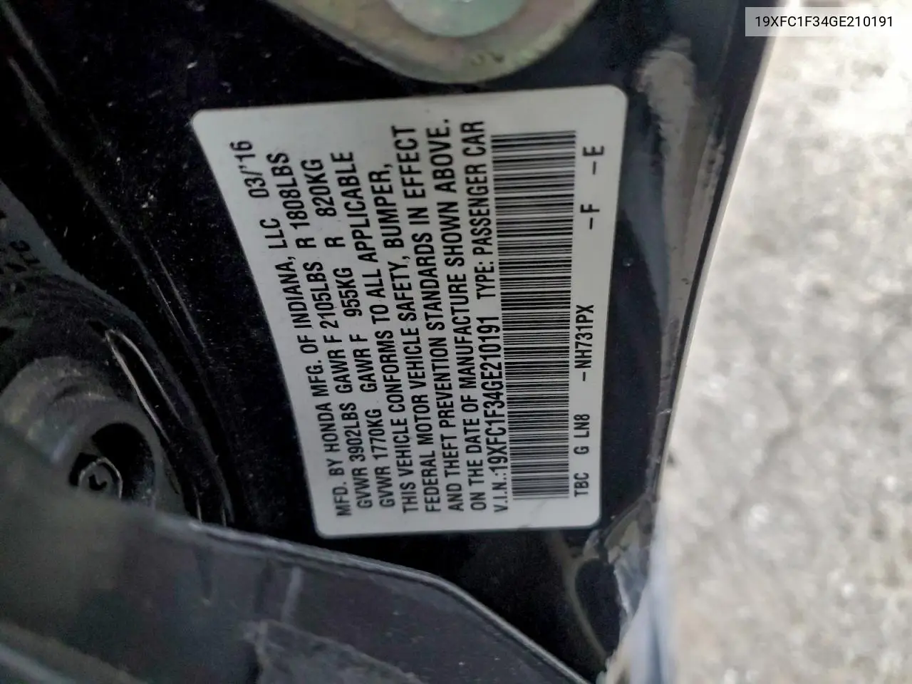 19XFC1F34GE210191 2016 Honda Civic Ex