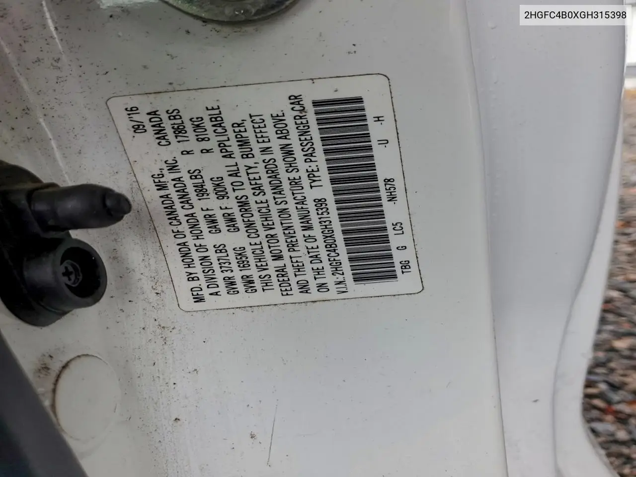 2HGFC4B0XGH315398 2016 Honda Civic Lx
