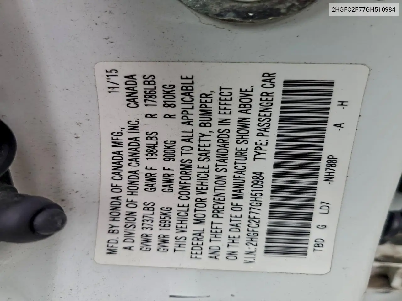 2HGFC2F77GH510984 2016 Honda Civic Ex