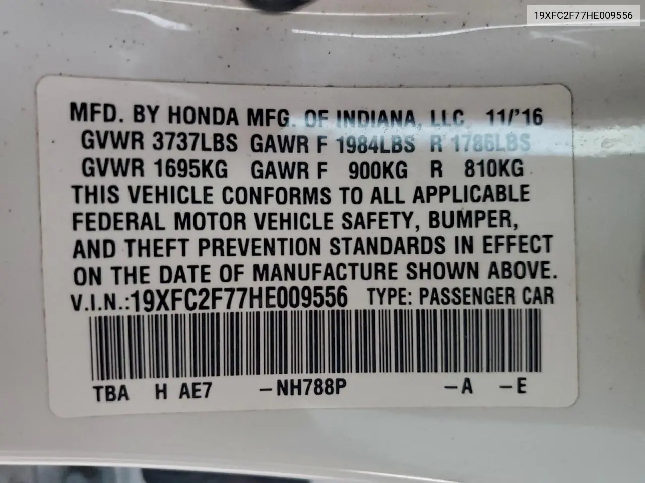 19XFC2F77HE009556 2017 Honda Civic Ex