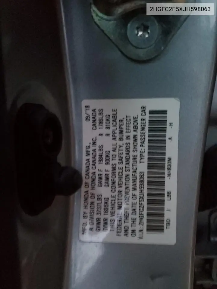 2HGFC2F5XJH598063 2018 Honda Civic Lx