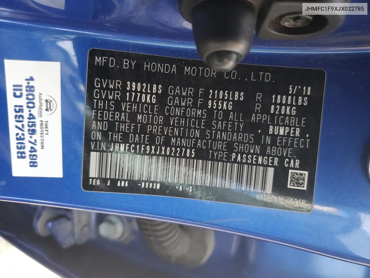 JHMFC1F9XJX022785 2018 Honda Civic Touring