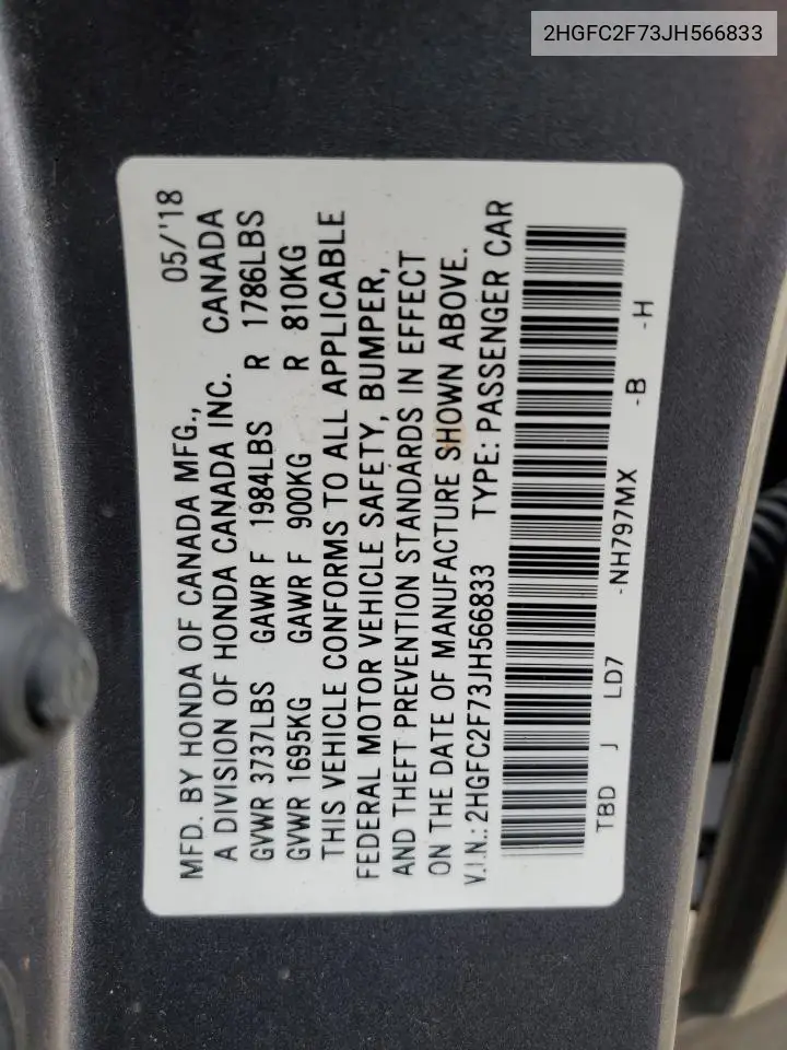 2HGFC2F73JH566833 2018 Honda Civic Ex