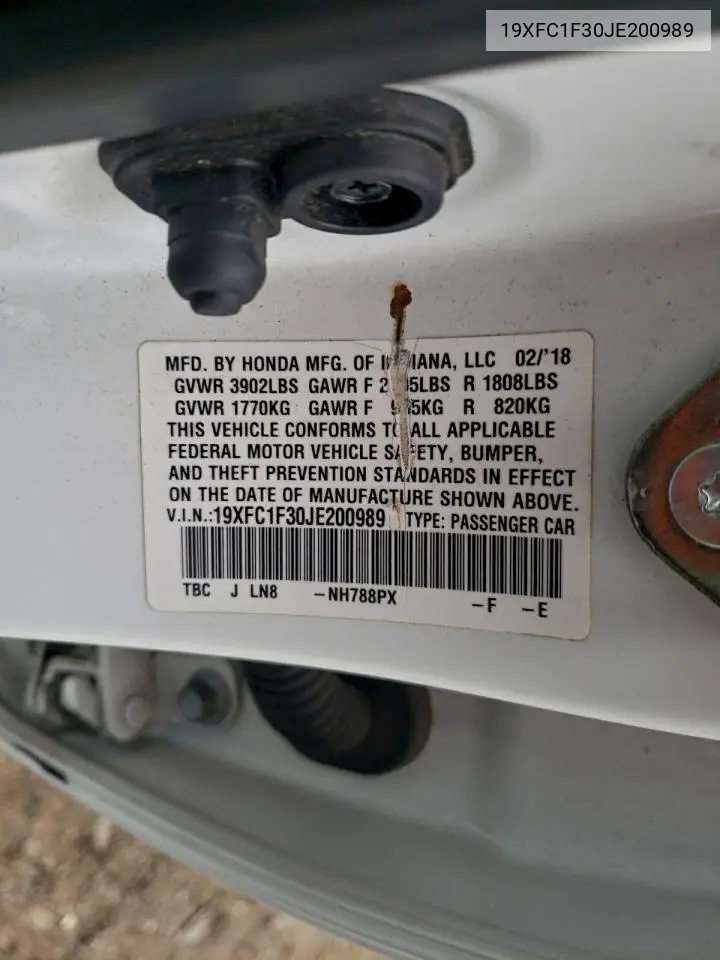 19XFC1F30JE200989 2018 Honda Civic Ex