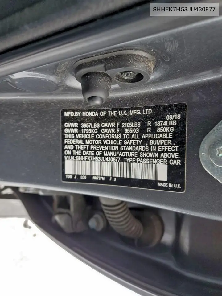 SHHFK7H53JU430877 2018 Honda Civic Ex