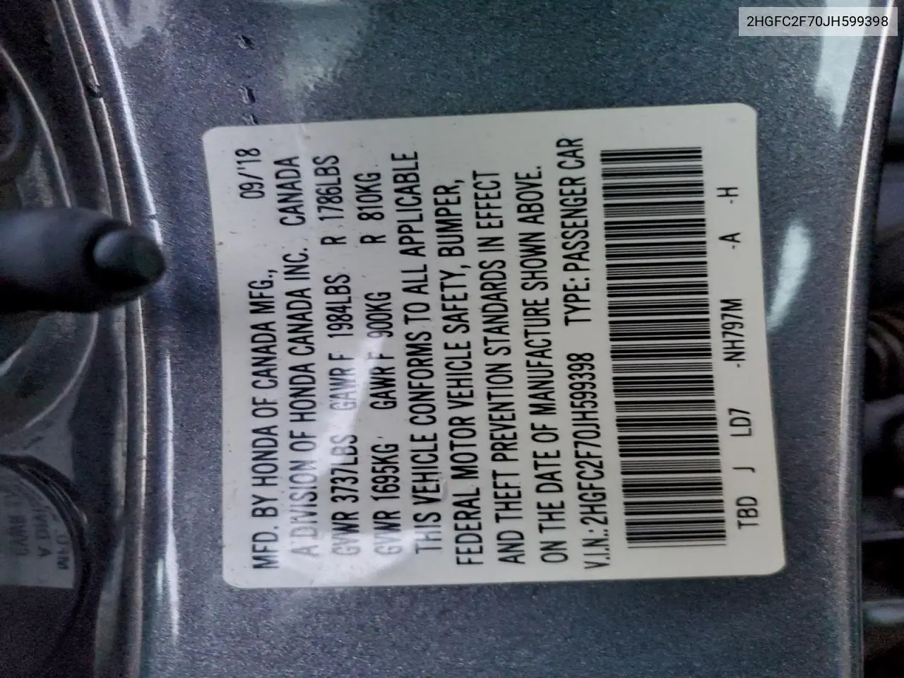 2HGFC2F70JH599398 2018 Honda Civic Ex