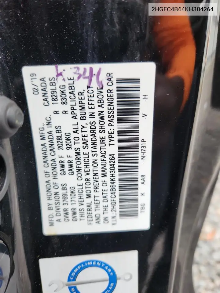 2HGFC4B64KH304264 2019 Honda Civic Lx