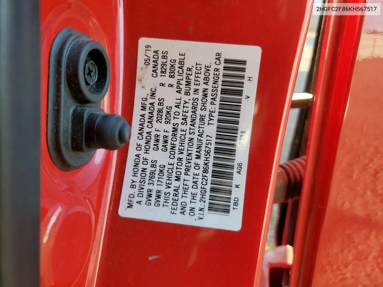 2HGFC2F86KH567517 2019 Honda Civic Sport