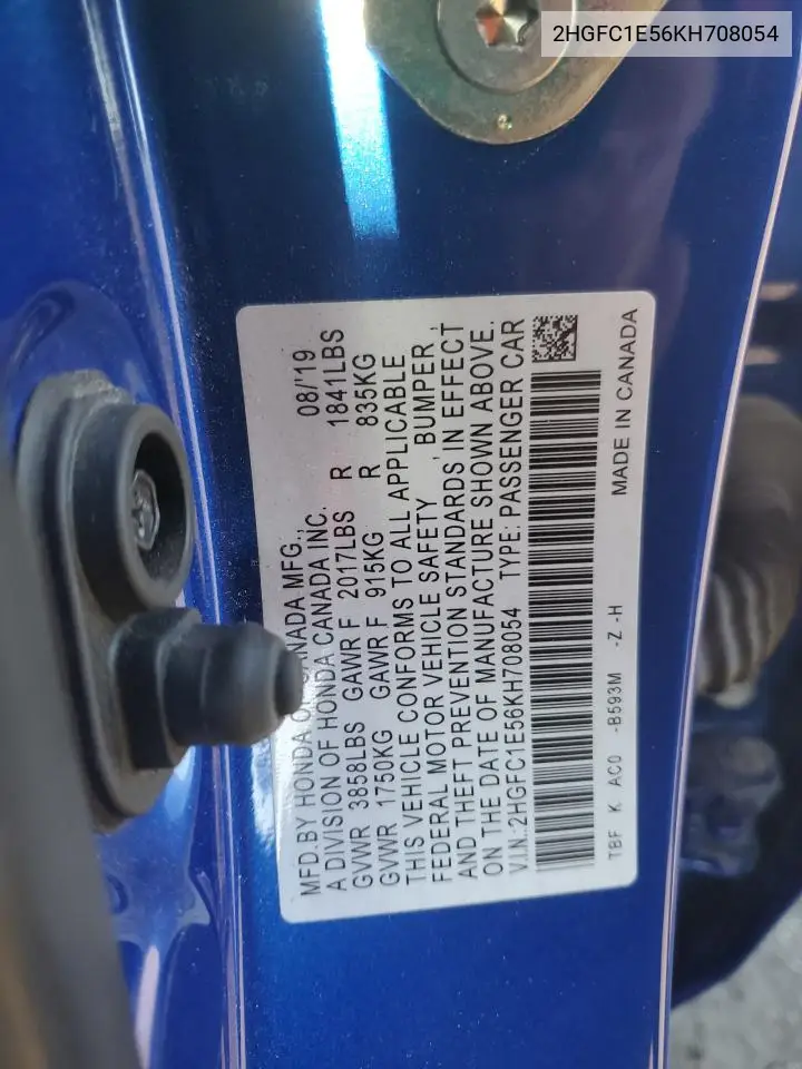 2HGFC1E56KH708054 2019 Honda Civic Si