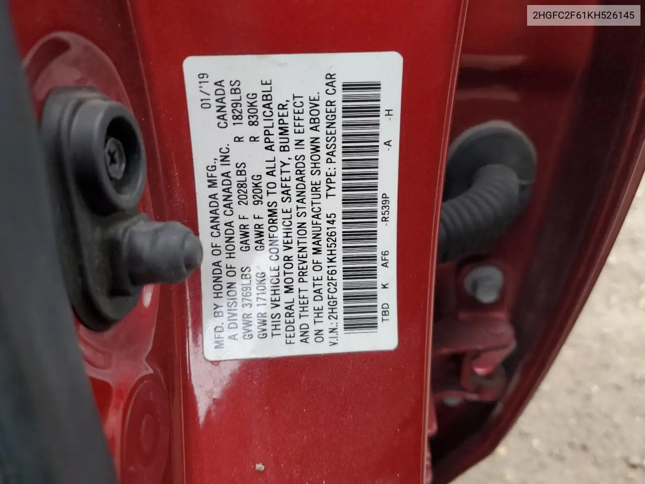 2HGFC2F61KH526145 2019 Honda Civic Lx