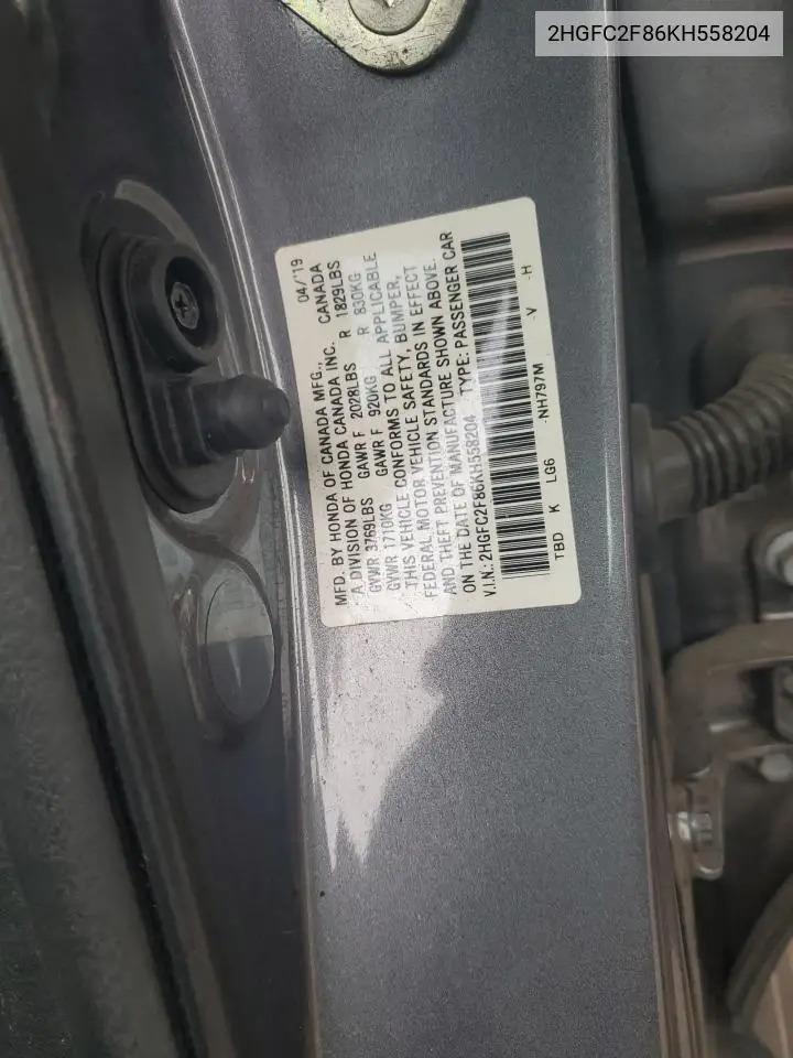 2HGFC2F86KH558204 2019 Honda Civic Sport