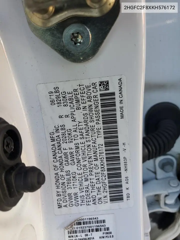 2HGFC2F8XKH576172 2019 Honda Civic Sport