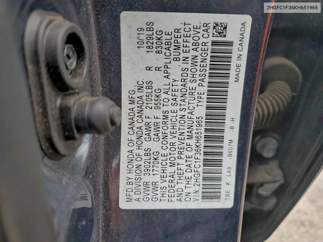 2HGFC1F36KH651965 2019 Honda Civic Ex
