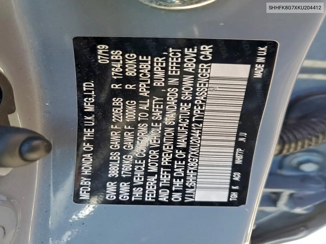 SHHFK8G7XKU204412 2019 Honda Civic Type-R Touring