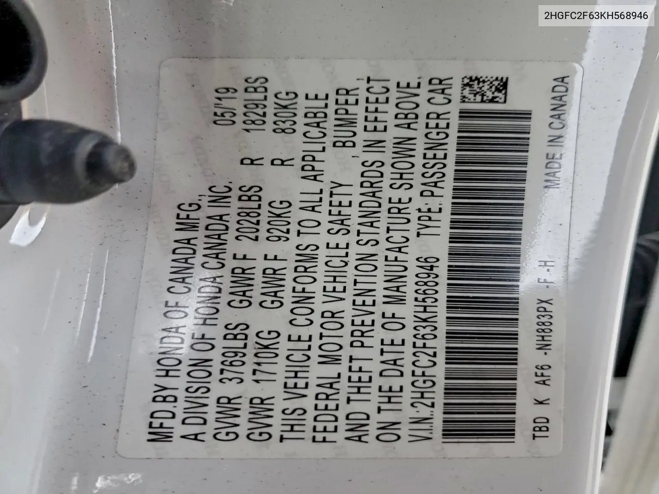 2HGFC2F63KH568946 2019 Honda Civic Lx