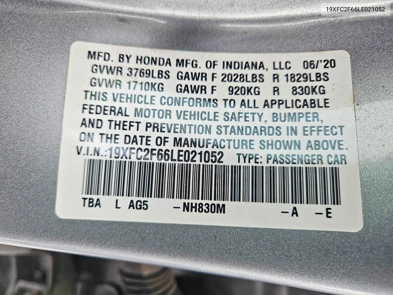 19XFC2F66LE021052 2020 Honda Civic Lx