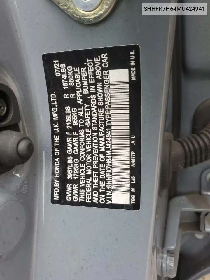 SHHFK7H64MU424941 2021 Honda Civic Ex