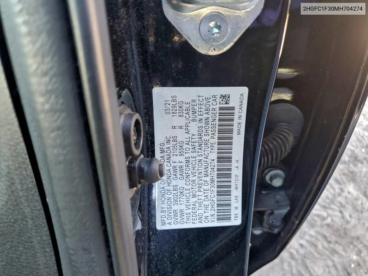 2HGFC1F30MH704274 2021 Honda Civic Ex