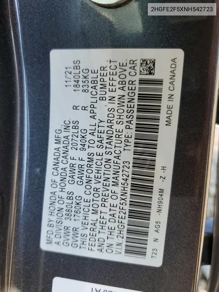 2HGFE2F5XNH542723 2022 Honda Civic Sport
