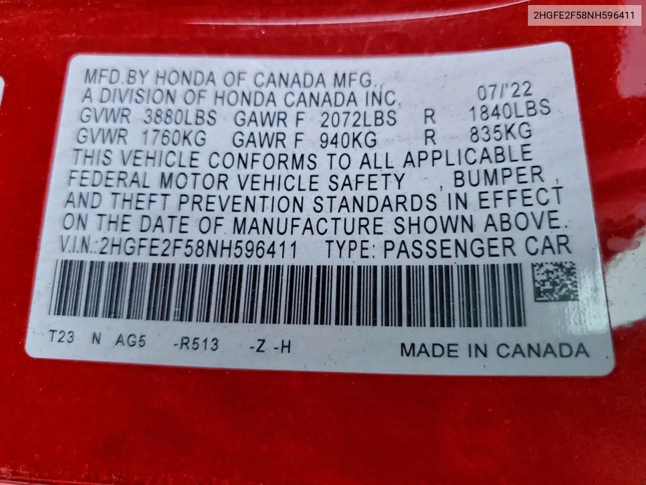 2HGFE2F58NH596411 2022 Honda Civic Sport