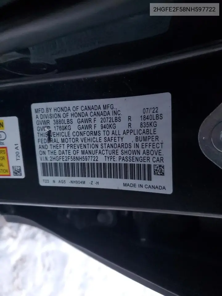 2HGFE2F58NH597722 2022 Honda Civic Sport